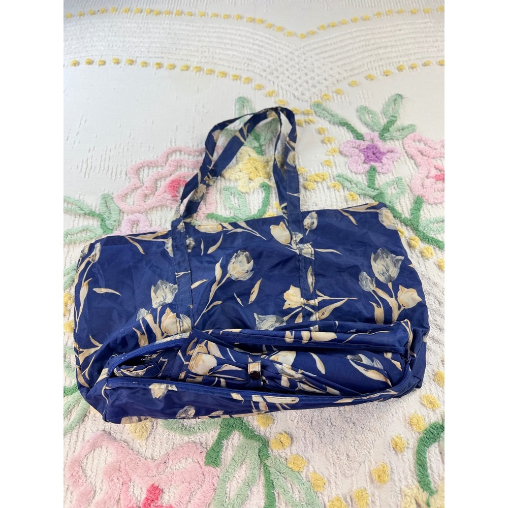 Vtg Navy Blue Floral Tulip Umbrella and Matching Tote Bag Travel Set - Picture 4 of 7